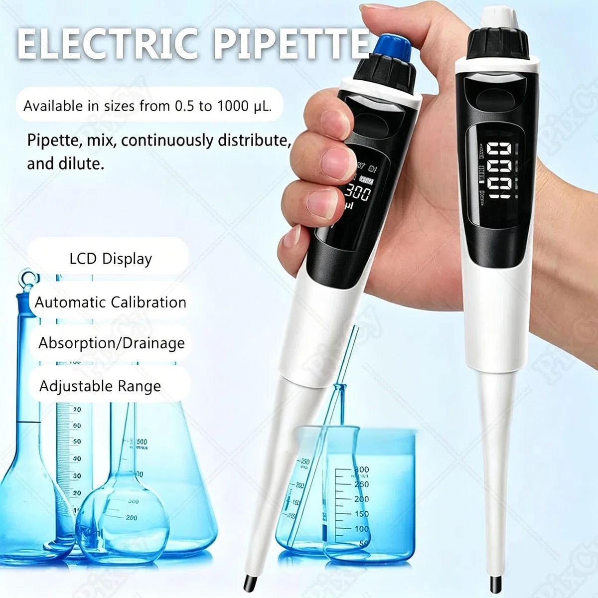 Pipettor o regulowanej objętości 0,5-1000 μl, elektroniczna jednokanałowa pipeta laboratoryjna z samokalibracją do pipetowania i mieszania, Stepper 30-300μL