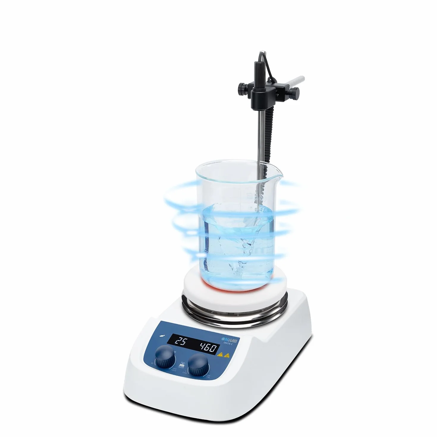 ONiLAB Cyfrowy mieszadło magnetyczne LED 280℃ z blatem roboczym ze stali nierdzewnej, 200 – 1500 obr./min, czujnik temperatury, stojak i mieszadło wchodzą w zakres dostawy