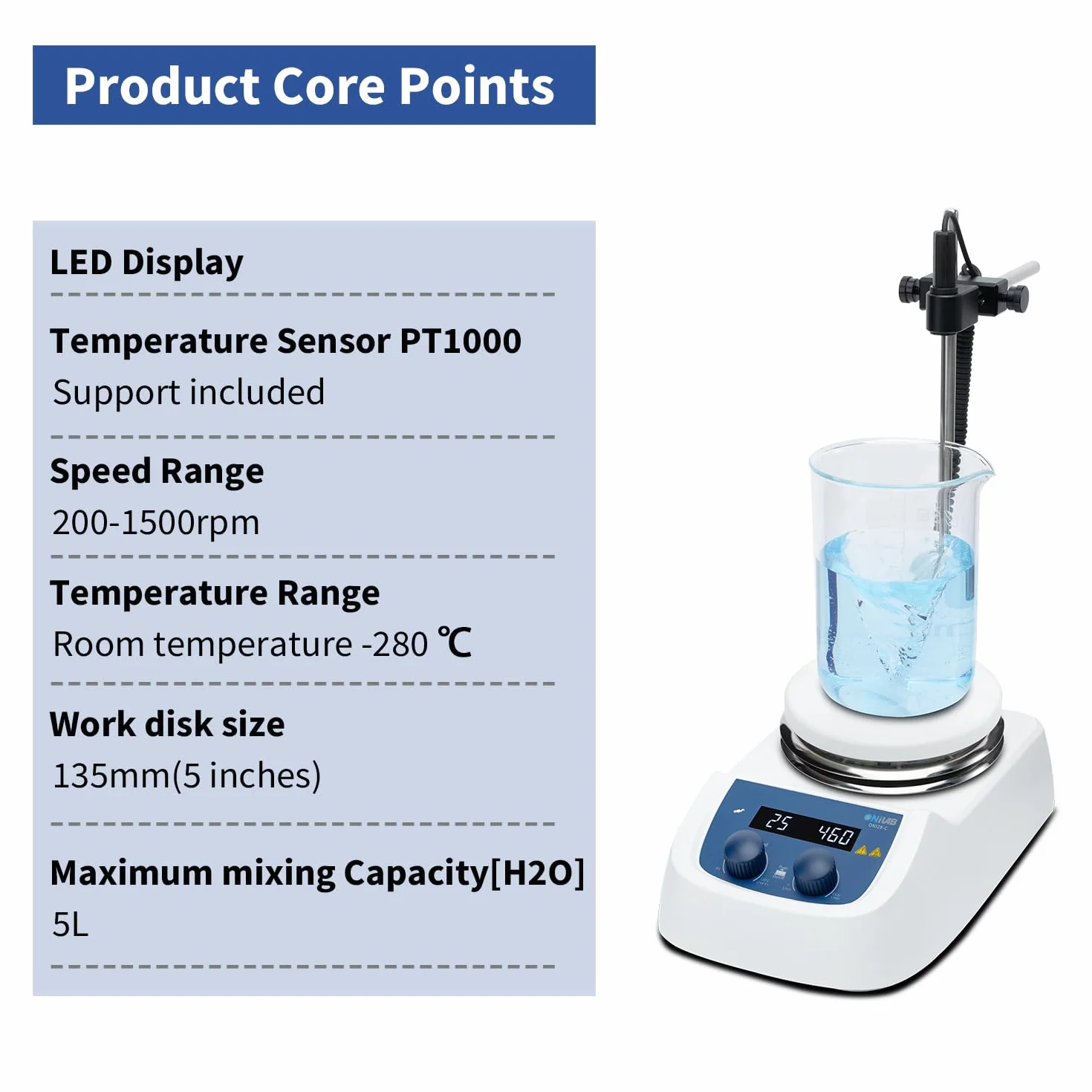 ONiLAB Cyfrowy mieszadło magnetyczne LED 280℃ z blatem roboczym ze stali nierdzewnej, 200 – 1500 obr./min, czujnik temperatury, stojak i mieszadło wchodzą w zakres dostawy