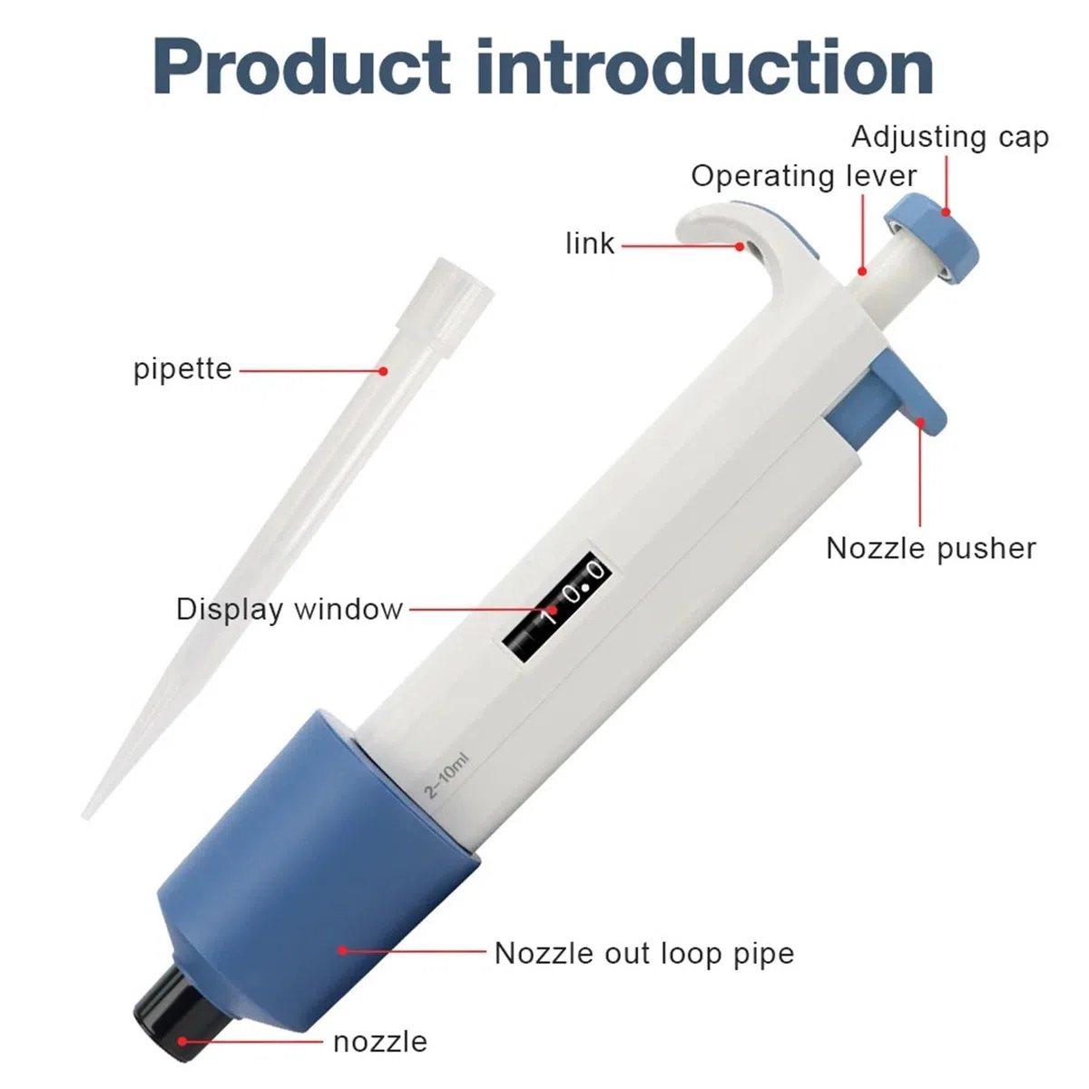 Pipeta, Pipeta laboratoryjna 2-10 ml, regulowana, jednokanałowa, cyfrowa mikropipeta z końcówkami pipety, dozownik próbek