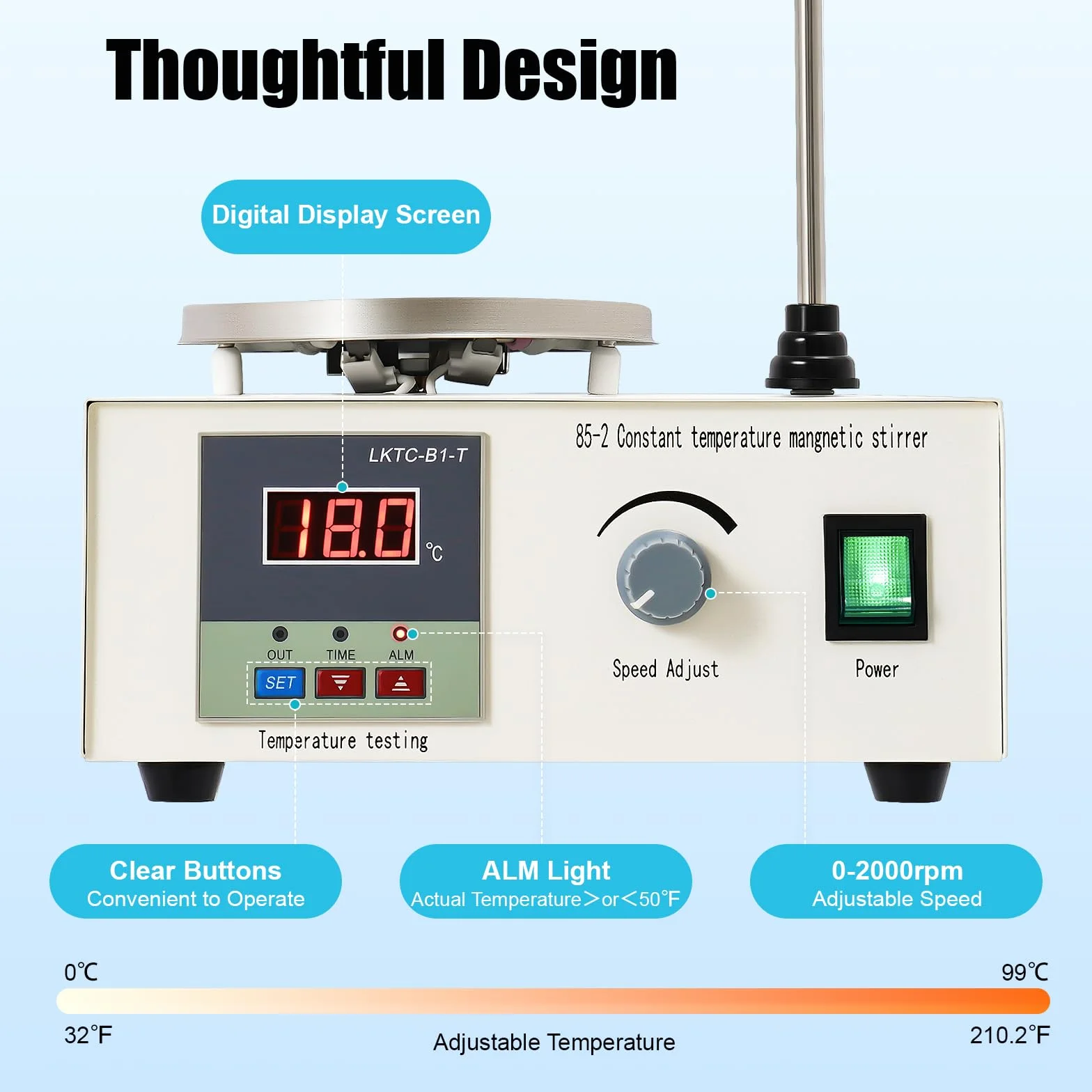 Mieszadło magnetyczne z płytą grzejną, laboratoryjne, mieszadło magnetyczne, 250 W, cyfrowy wskaźnik temperatury 0-99℃ i 0-2000 obr./min, regulacja prędkości, pojemność 2000 ml, średnica