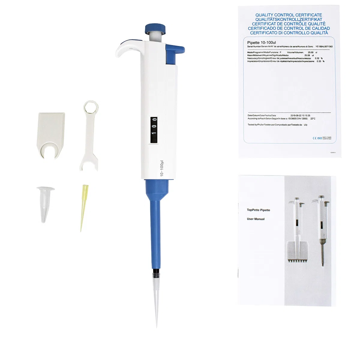 Kompletny zestaw mikropipetek 0,1 μl do 10 ml. 6 mikropitek (0,1-2,5 μl, 0,5-10 μl, 10-100 μl, 100-1000 μl, 1000-5000 μl, 2-10 ml); uchwyt pipety; 5 stojaków końcówki pipp sterylne skarpety