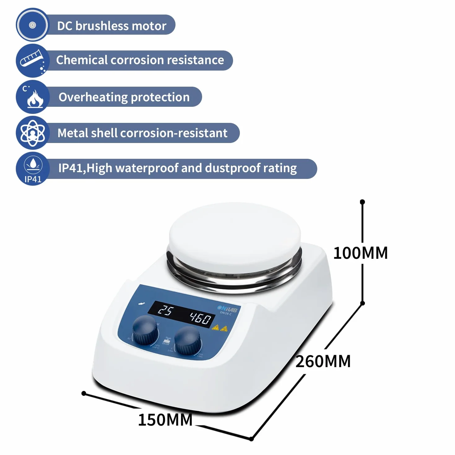 ONiLAB Cyfrowy mieszadło magnetyczne LED 280℃ z blatem roboczym ze stali nierdzewnej, 200 – 1500 obr./min, czujnik temperatury, stojak i mieszadło wchodzą w zakres dostawy