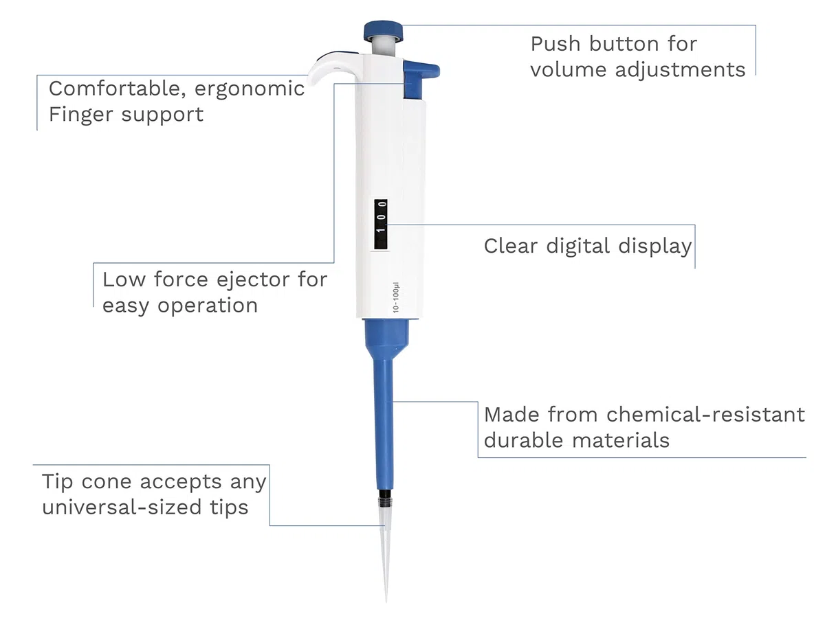 Kompletny zestaw mikropipetek 0,1 μl do 10 ml. 6 mikropitek (0,1-2,5 μl, 0,5-10 μl, 10-100 μl, 100-1000 μl, 1000-5000 μl, 2-10 ml); uchwyt pipety; 5 stojaków końcówki pipp sterylne skarpety