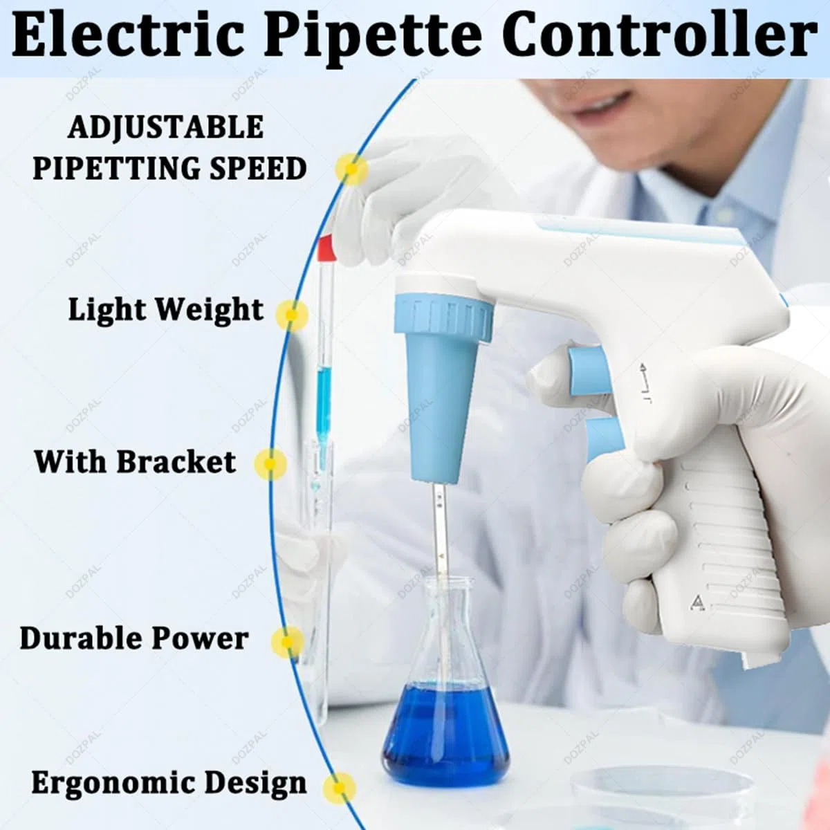 Elektryczny sterownik pipet laboratoryjnych – cyfrowy, automatyczny pipetor (0,1–100 ml) z napędem silnikowym, 6 prędkościami, 2 trybami dozowania i wyświetlaczem LCD
