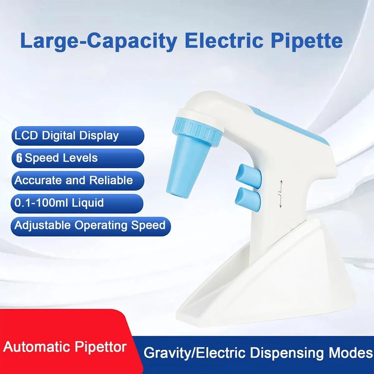 Elektryczny sterownik pipety, 0,1-100 ml napędzany pipetą z 6 regulowanymi prędkościami i cyfrowym wyświetlaczem LCD do laboratorium i transferu cieczy
