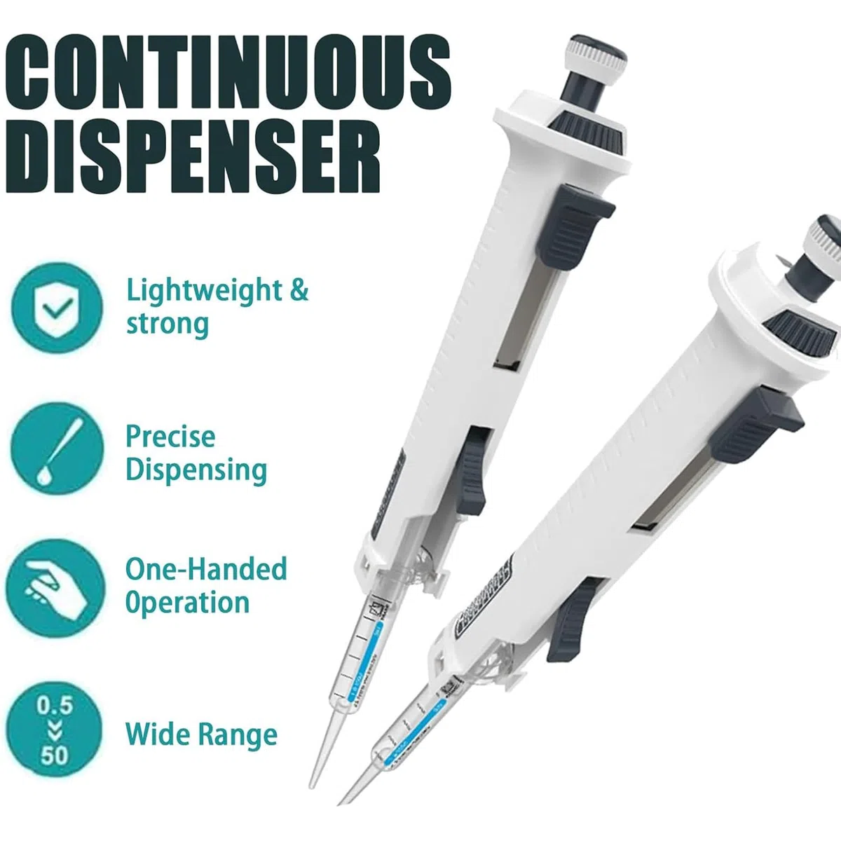 Pipettor jednokanałowy, mikropipeta laboratoryjna z końcówkami 5 ml, pipety ciągłe 0,5 ml – 50 ml, 5 biegów, regulowana objętość, do badań chemicznych, naukowych