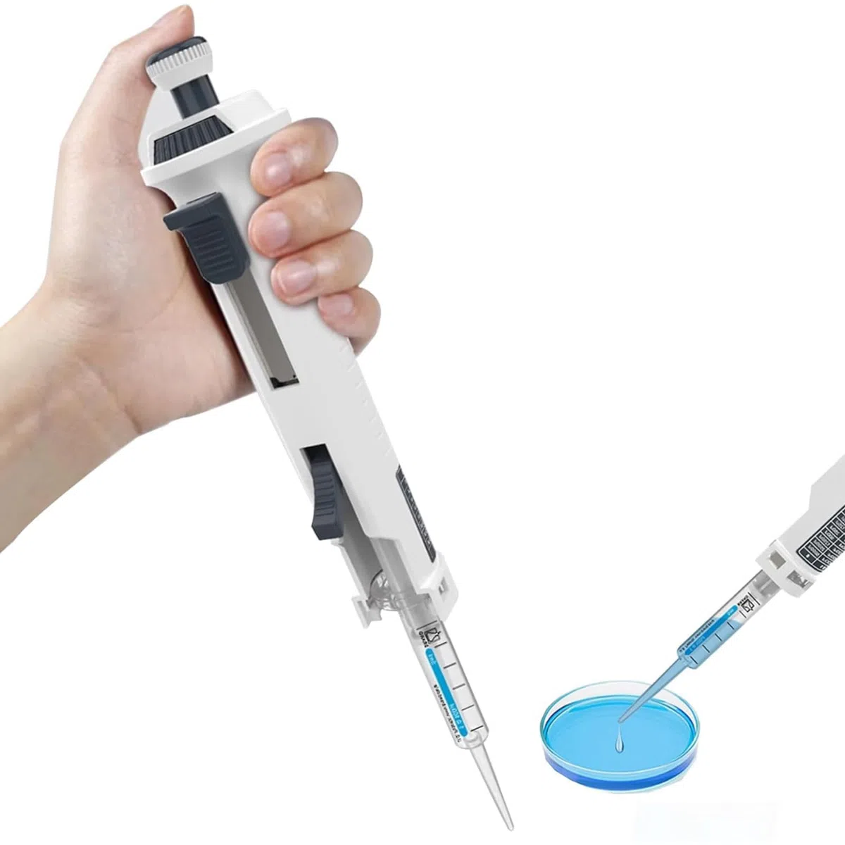 Pipettor jednokanałowy, mikropipeta laboratoryjna z końcówkami 5 ml, pipety ciągłe 0,5 ml – 50 ml, 5 biegów, regulowana objętość, do badań chemicznych, naukowych