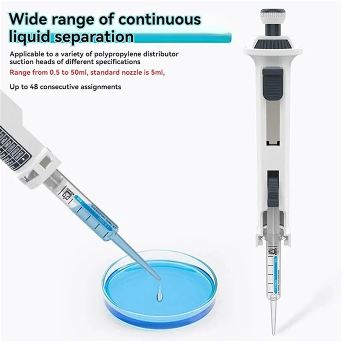 Mikropipeta, Dozownik laboratoryjny z pipetą ciągłą, regulowany dozownik ręczny końcówką 5 ml