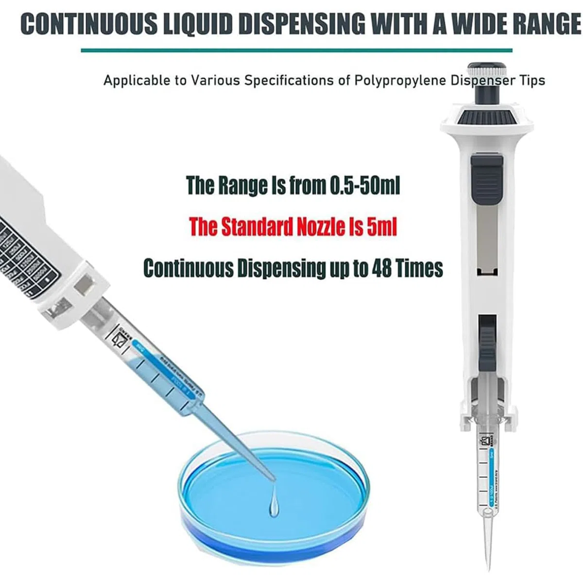 Pipettor jednokanałowy, mikropipeta laboratoryjna z końcówkami 5 ml, pipety ciągłe 0,5 ml – 50 ml, 5 biegów, regulowana objętość, do badań chemicznych, naukowych